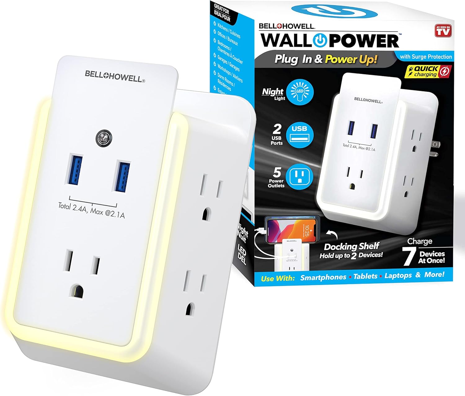 Bell+Howell Wall Power 7908 – Protector de sobretensiones con luz nocturna (automático) y soporte para dispositivos, 5 tomas de corriente y 2