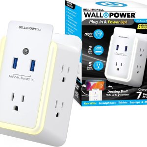Bell+Howell Wall Power 7908 – Protector de sobretensiones con luz nocturna (automático) y soporte para dispositivos, 5 tomas de corriente y 2 Bell+Howell Wall Power 7908 – Protector de sobretensiones con luz nocturna (automático) y soporte para dispositivos, 5 tomas de corriente y 2