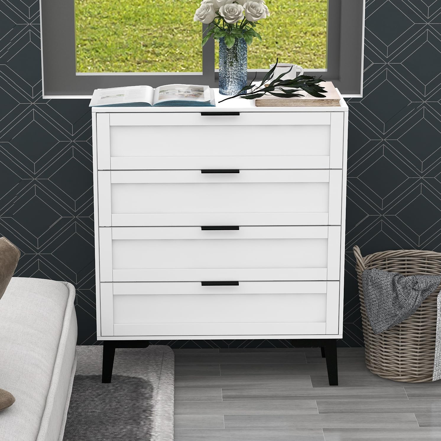 TaoHFE Cómoda blanca de 4 cajones para dormitorio, cómoda de lencería de madera para dormitorio, moderna de 36 pulgadas de alto, cómoda blanca para