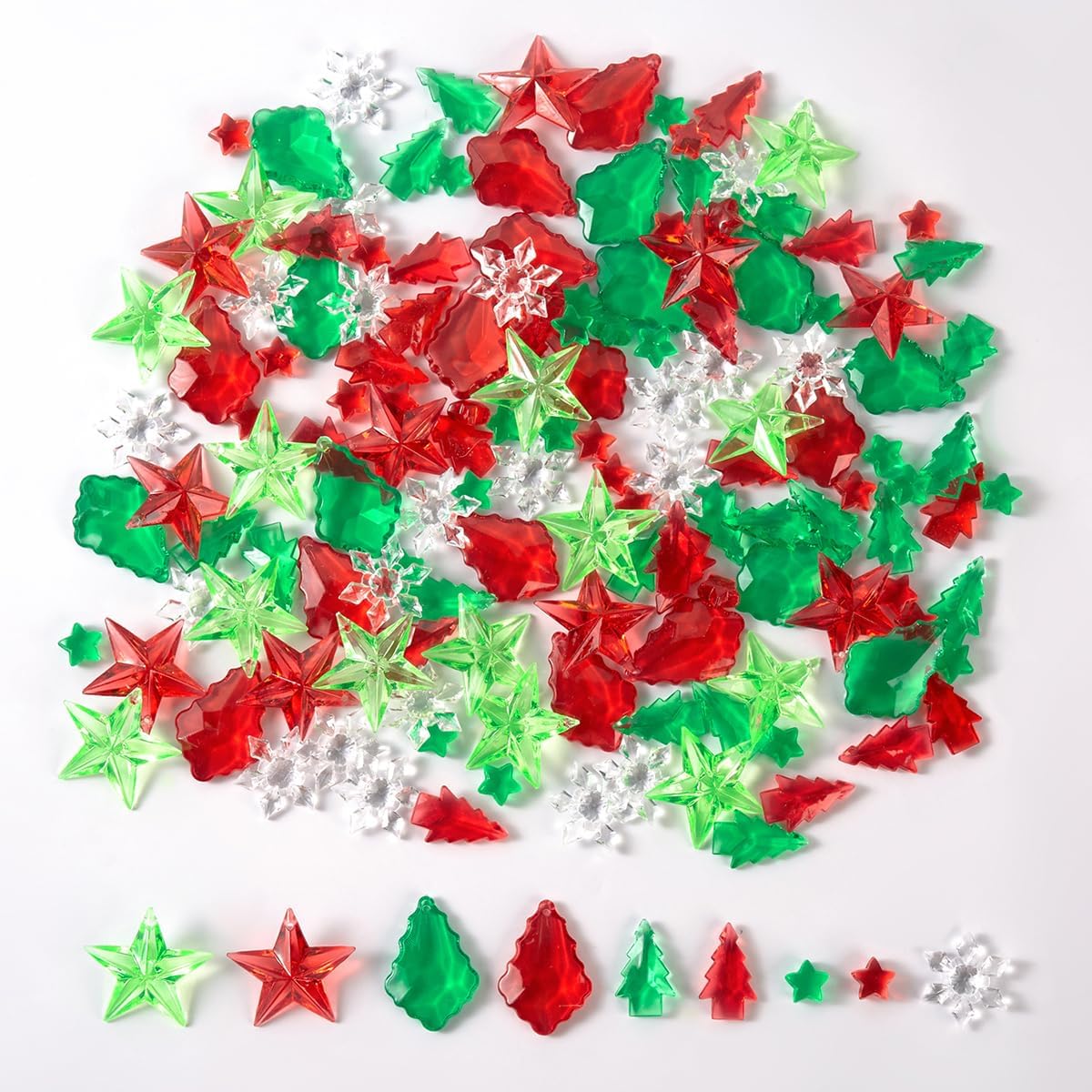 180 piezas de copos de nieve de pino acrílico con forma de estrella, color rojo y verde, gemas de cristal de Navidad para dispersión de mesa,