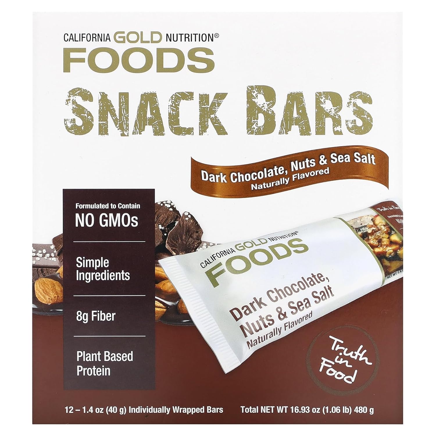 Alimentos – Barra de oro de chocolate negro, nueces y sal marina, 12 barras, California Gold Nutrition