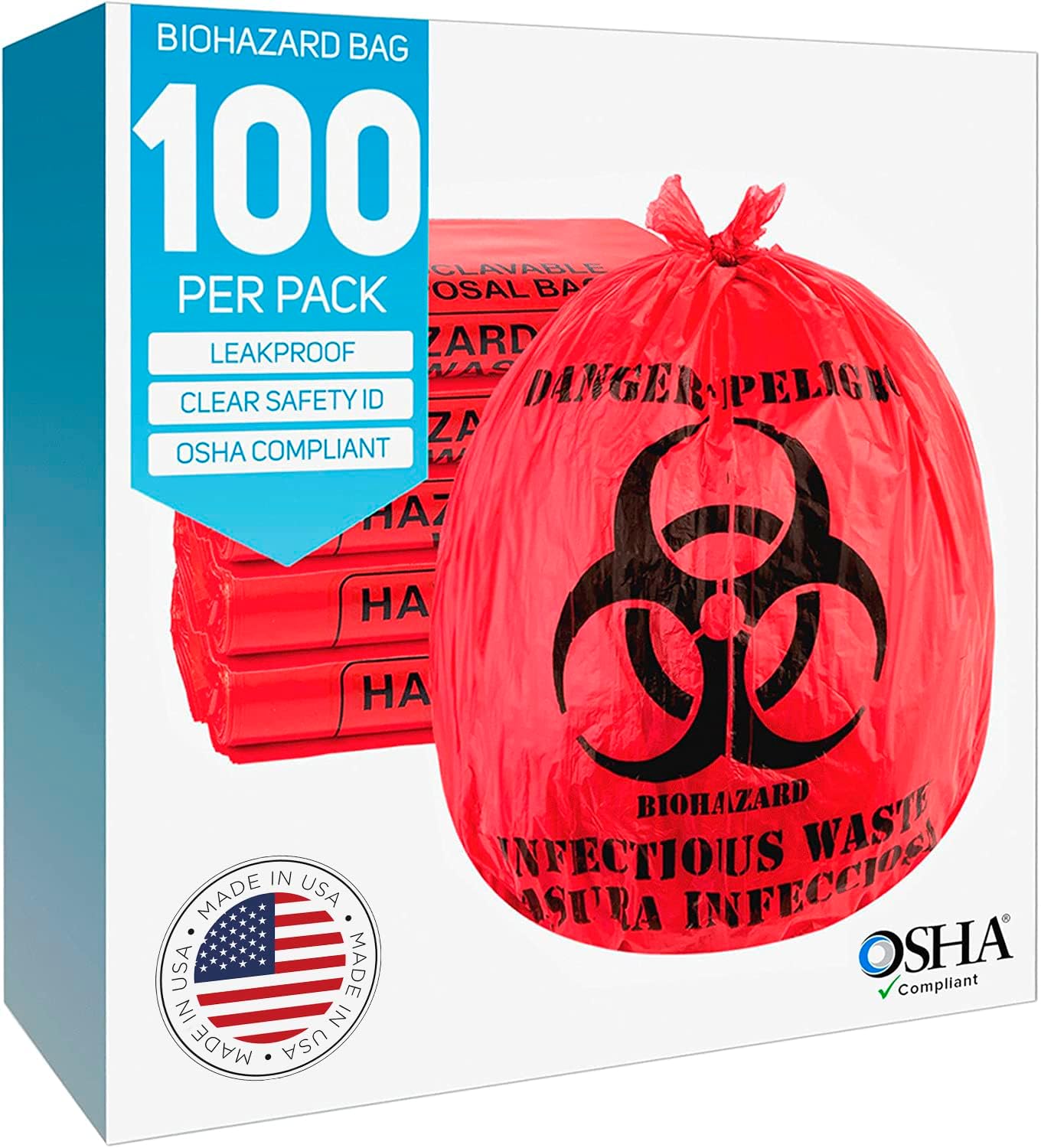 Bolsas de residuos de riesgo biológico, 10 galones, 100 unidades, rojas, sin fugas, grado médico, eliminación segura de residuos infecciosos