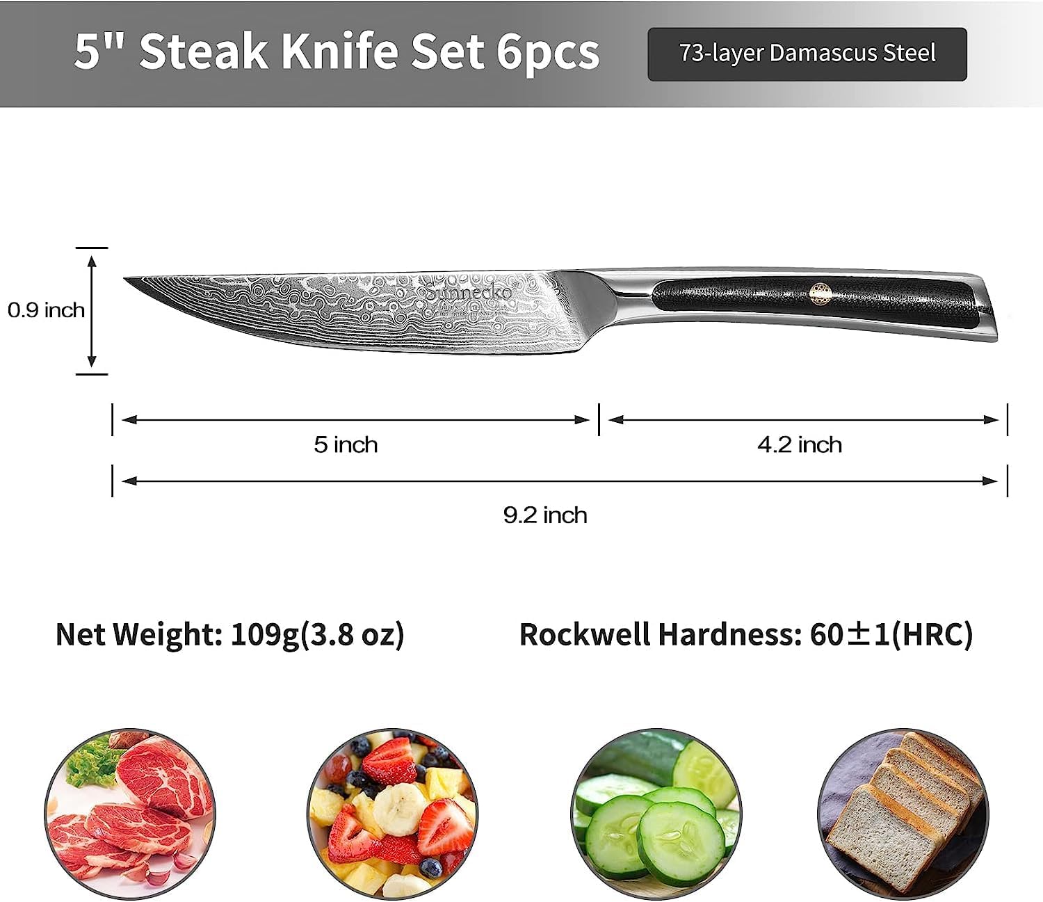 Sunnecko Damasco – Juego de 6 cuchillos para carne de acero inoxidable VG10 japoneses, no dentados, aptos para lavavajillas, cuchillos de carne de 5