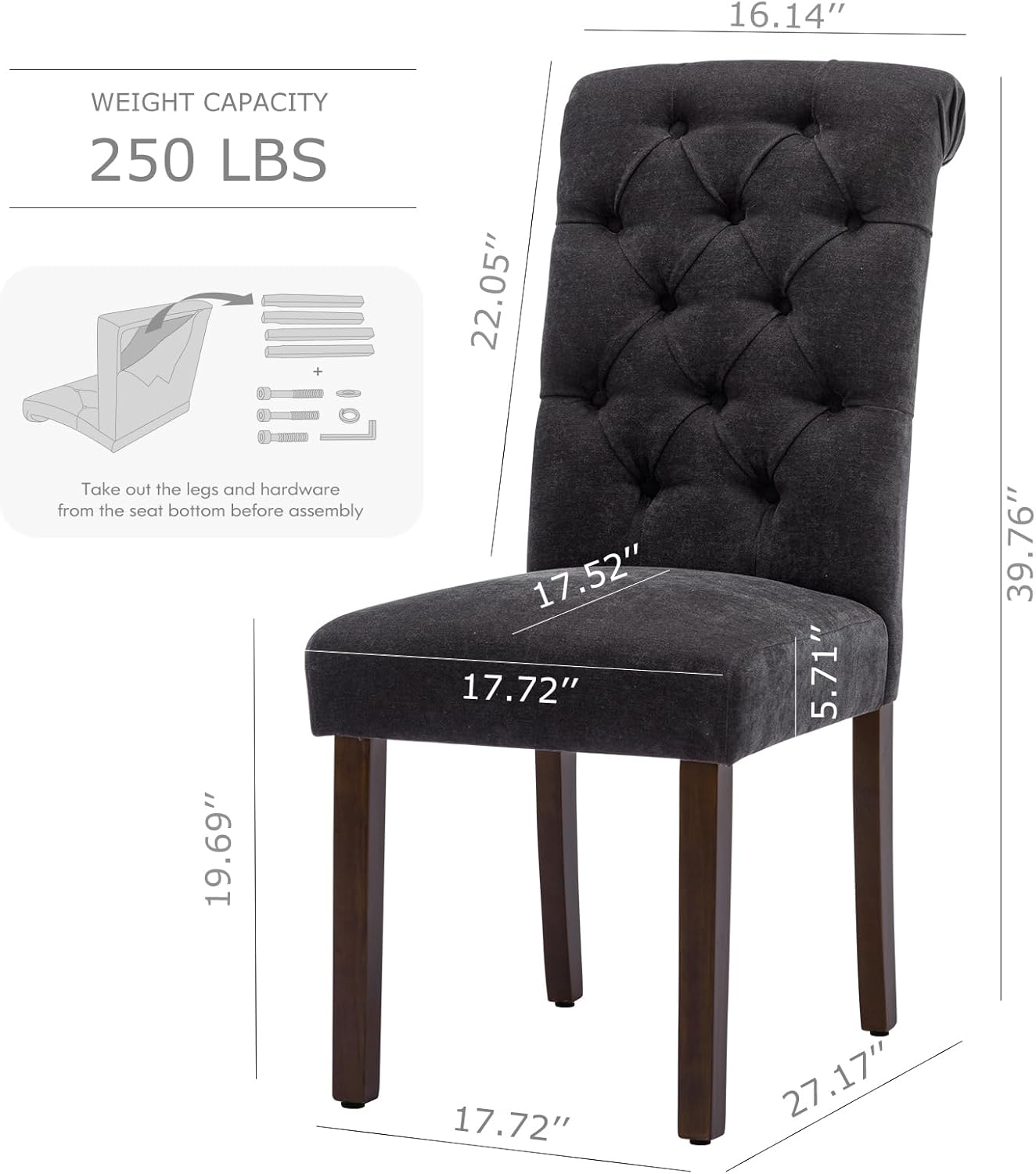 COLAMY Juego de 2 sillas de comedor copetudas, sillas de comedor Parsons tapizadas de tela, sillas auxiliares elegantes con patas de madera maciza y