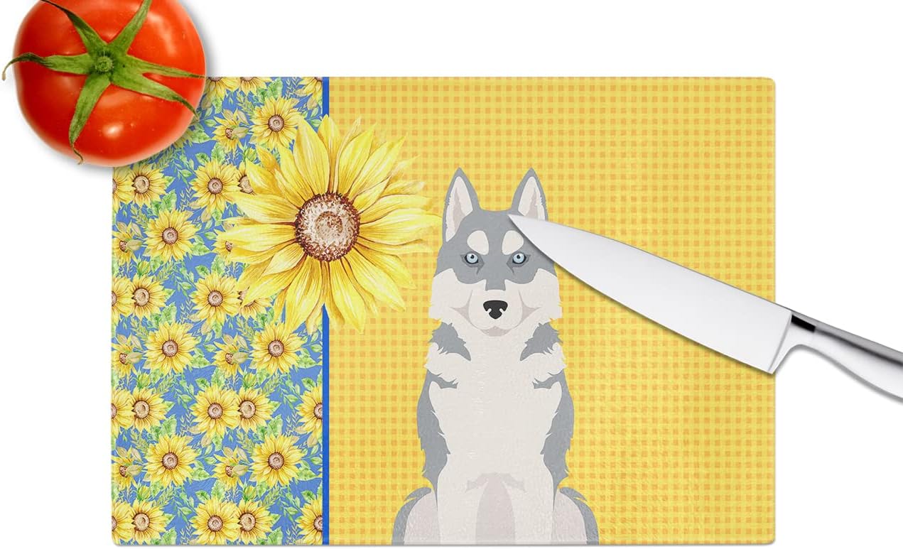 Caroline’s Treasures WDK5491LCB Summer Sunflowers Grey Siberian Husky Glass Cutting Board Large Decorative Tempered Glass Kitchen Cutting and