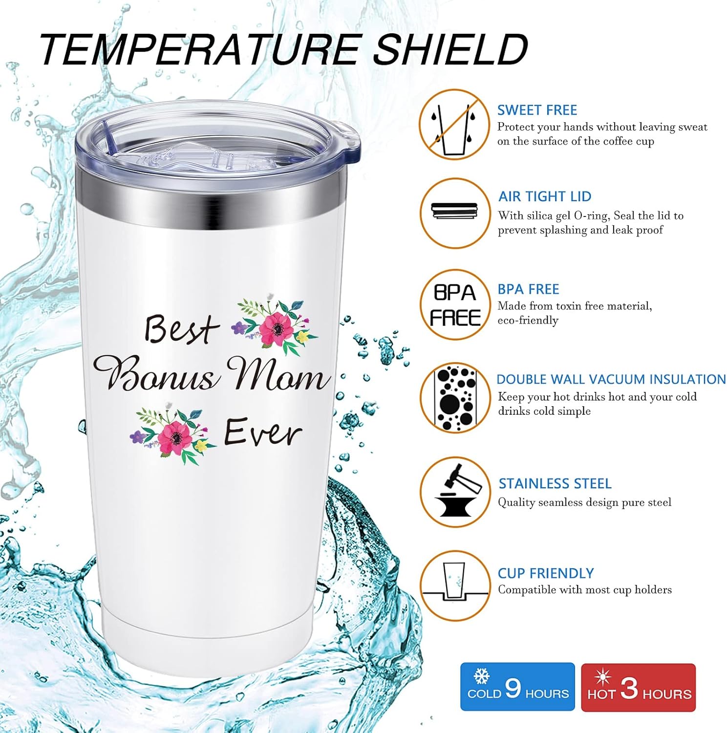 Best Ever Mom – Vaso de 20 onzas con tapa, cepillo para popote y caja de regalo (color blanco)