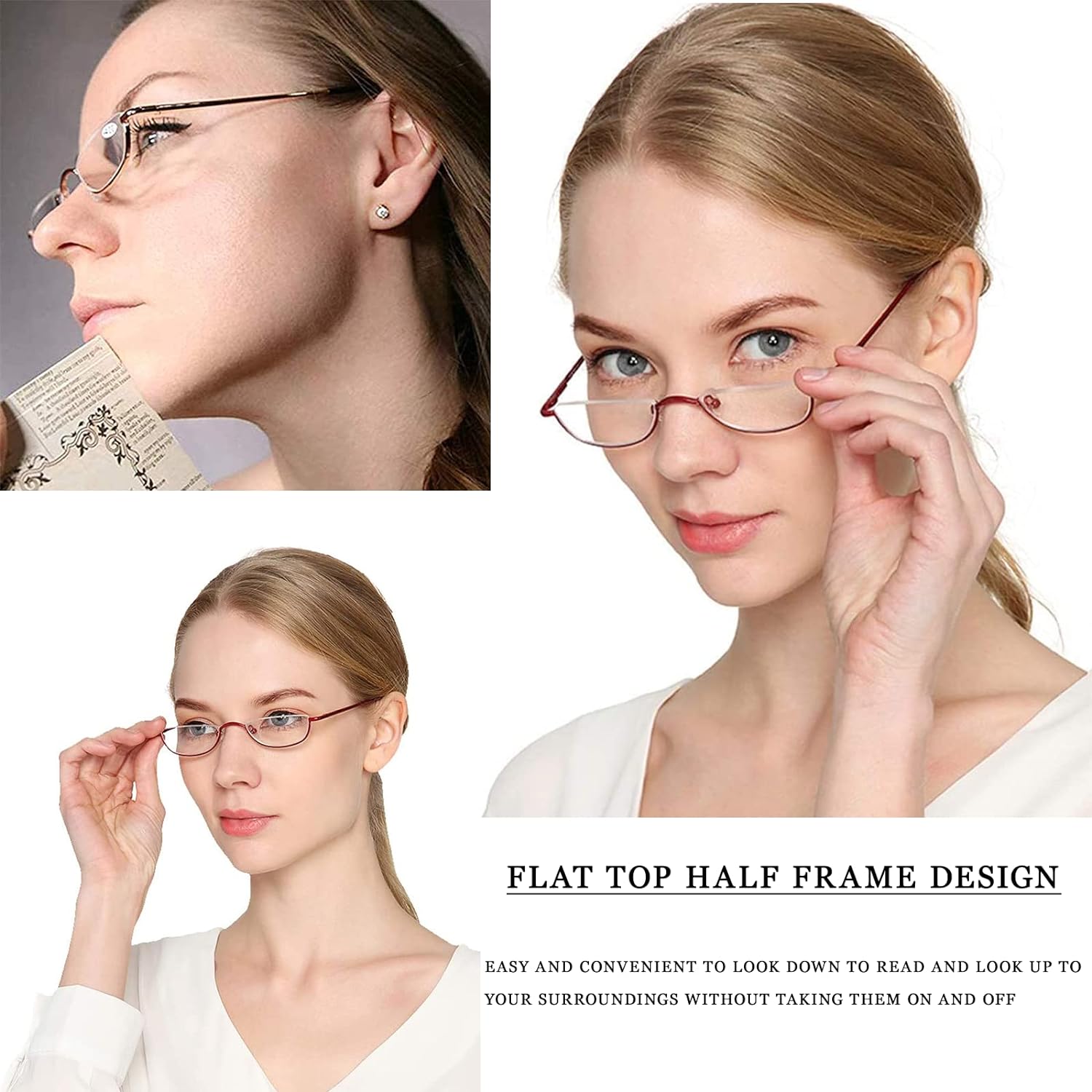 Gafas de lectura de medio marco para mujeres y hombres, lentes de media luna, lentes de metal para lectores de lente de media luna, paquete de 3