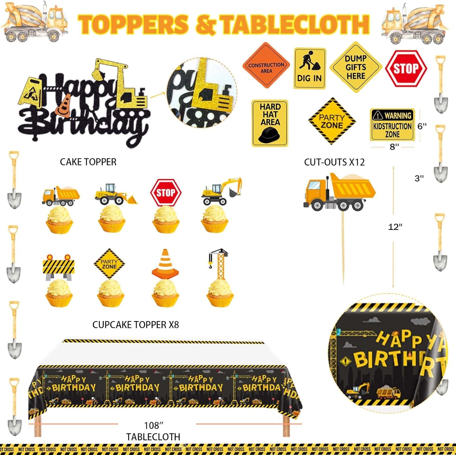 157 piezas de decoración de fiesta de cumpleaños de construcción, camión volquete de Hombae excavadora, tema de zona de cumpleaños, telón de fondo,