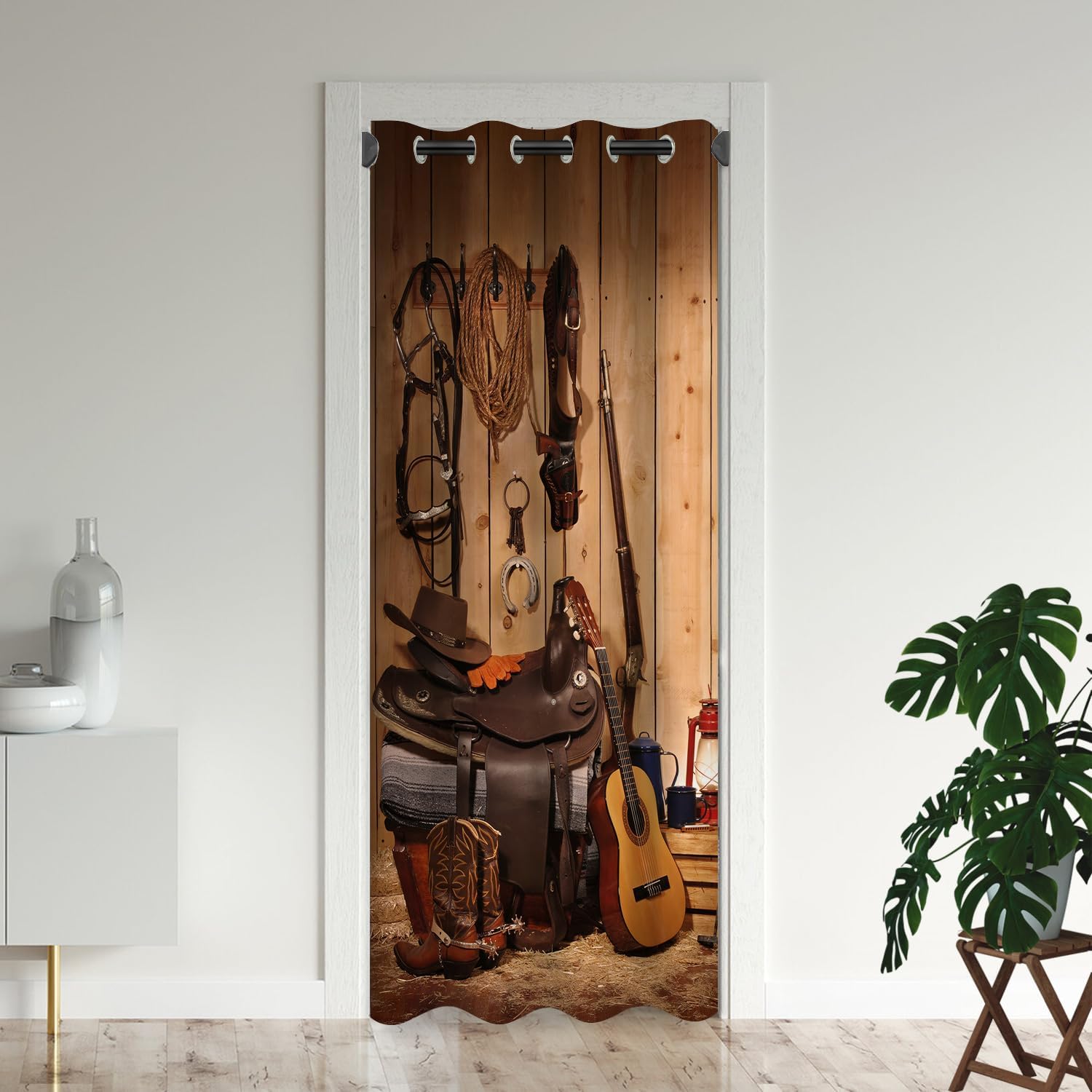 Cortinas de puerta occidental para puertas, diseño rústico de granero de madera de vaquero para armario de dormitorio de niños, con ojales,