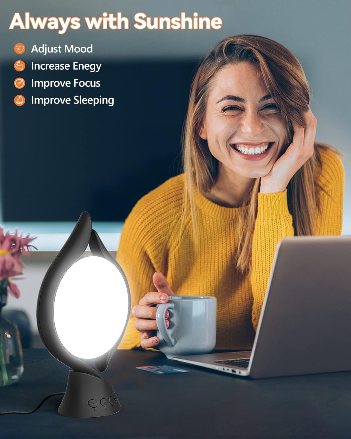 Lámpara de terapia de luz, luz de terapia de 10000 lux, sin UV, lámparas LED de humor feliz con 5 niveles de brillo ajustables y temporizador y