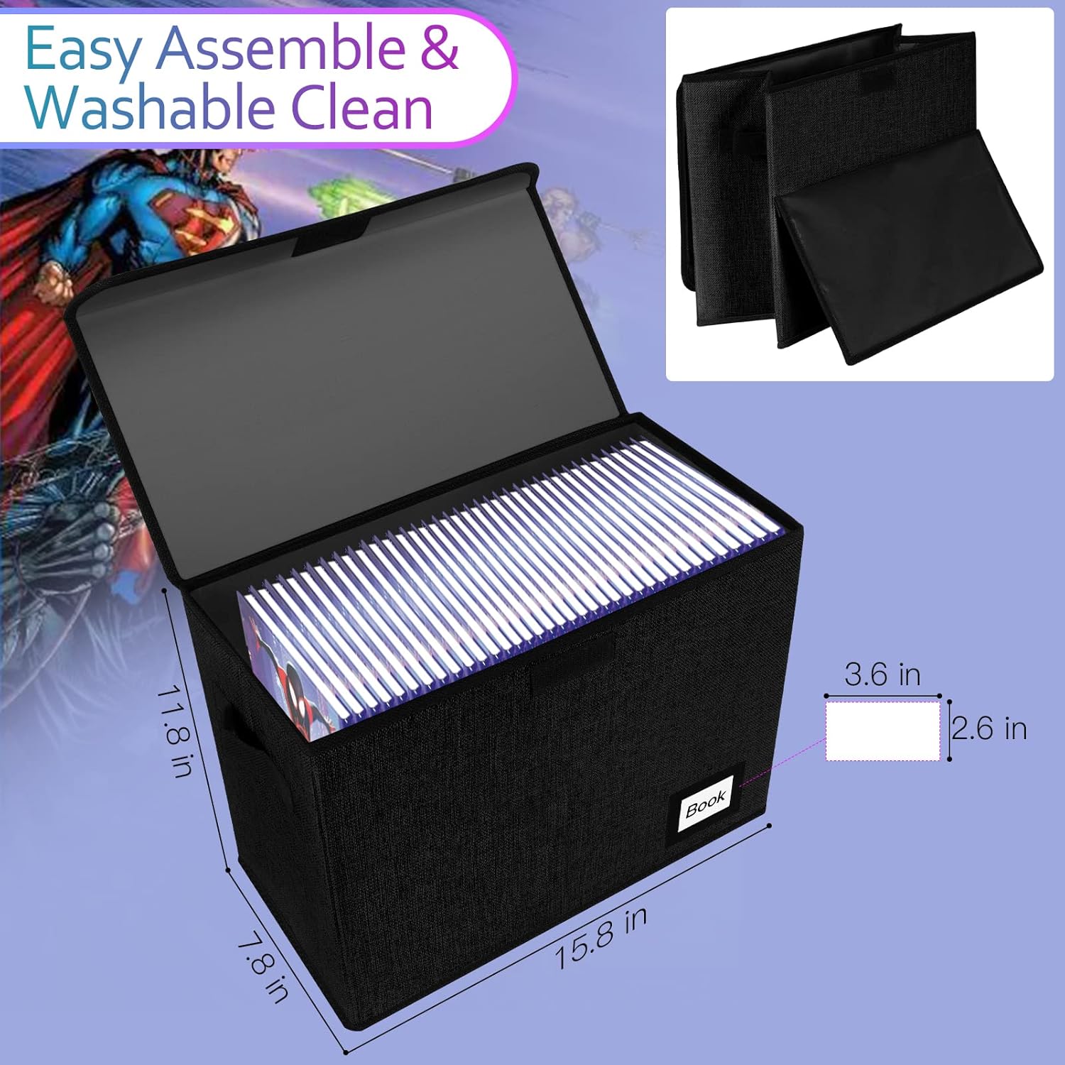 Paquete de 2 cajas de almacenamiento de cómics, organizador protector de cómics, 15.8 x 7.8 x 11.8 pulgadas, caja corta plegable para cómics,