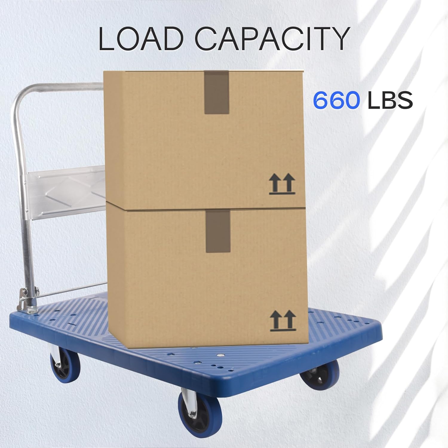 Carrito de cama plana, plataforma de alta capacidad de 660 libras, ruedas giratorias de 360 grados, carrito de mano plegable para carga y