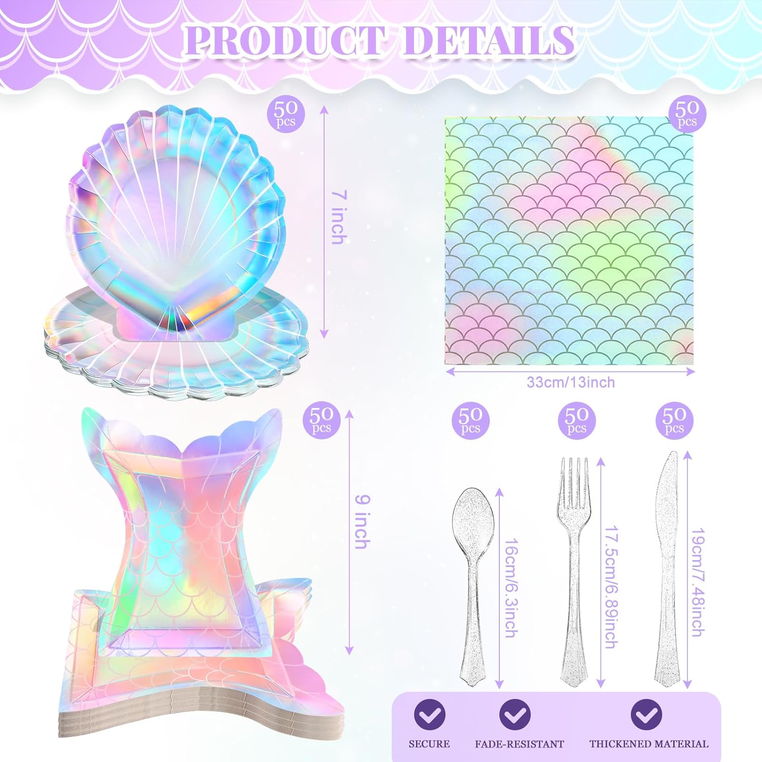 300 piezas de suministros para fiesta temática de sirenas, incluye platos, servilletas, cucharas de plástico, tenedor, cuchillos para baby shower,