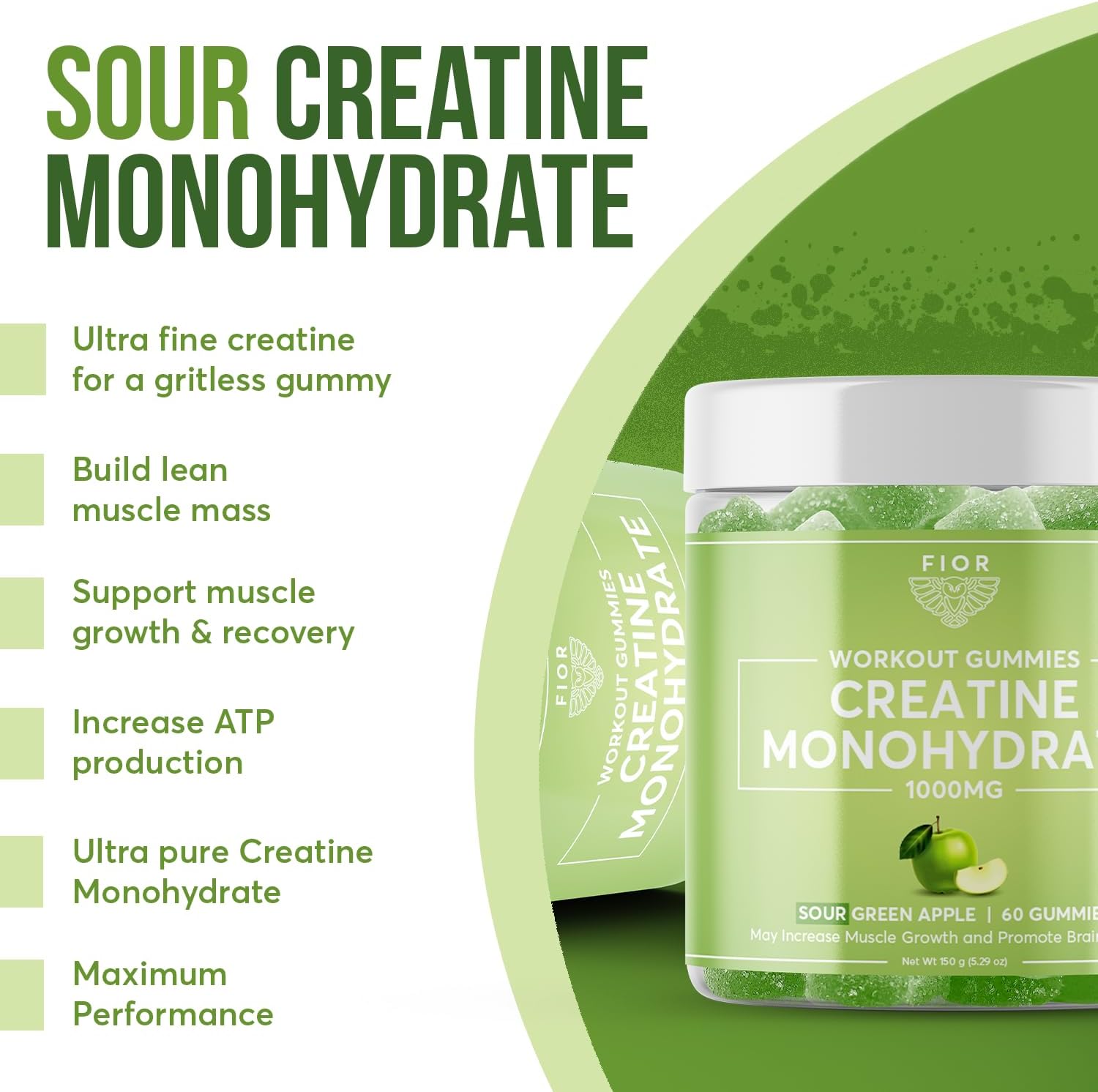 FIOR Gomitas de creatina  El mejor monohidrato de creatina masticable, 60 unidades, suplemento de entrenamiento y proteínas, mejora cognitiva, sabor