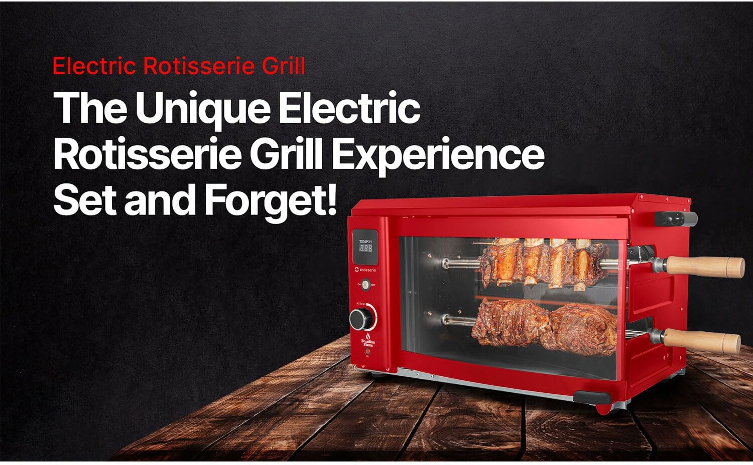 Brazilian Flame Asador de parrilla con 2 pinchos giratorios automáticos para interiores para pollo, filete, pescado, barbacoa de estilo brasileño,