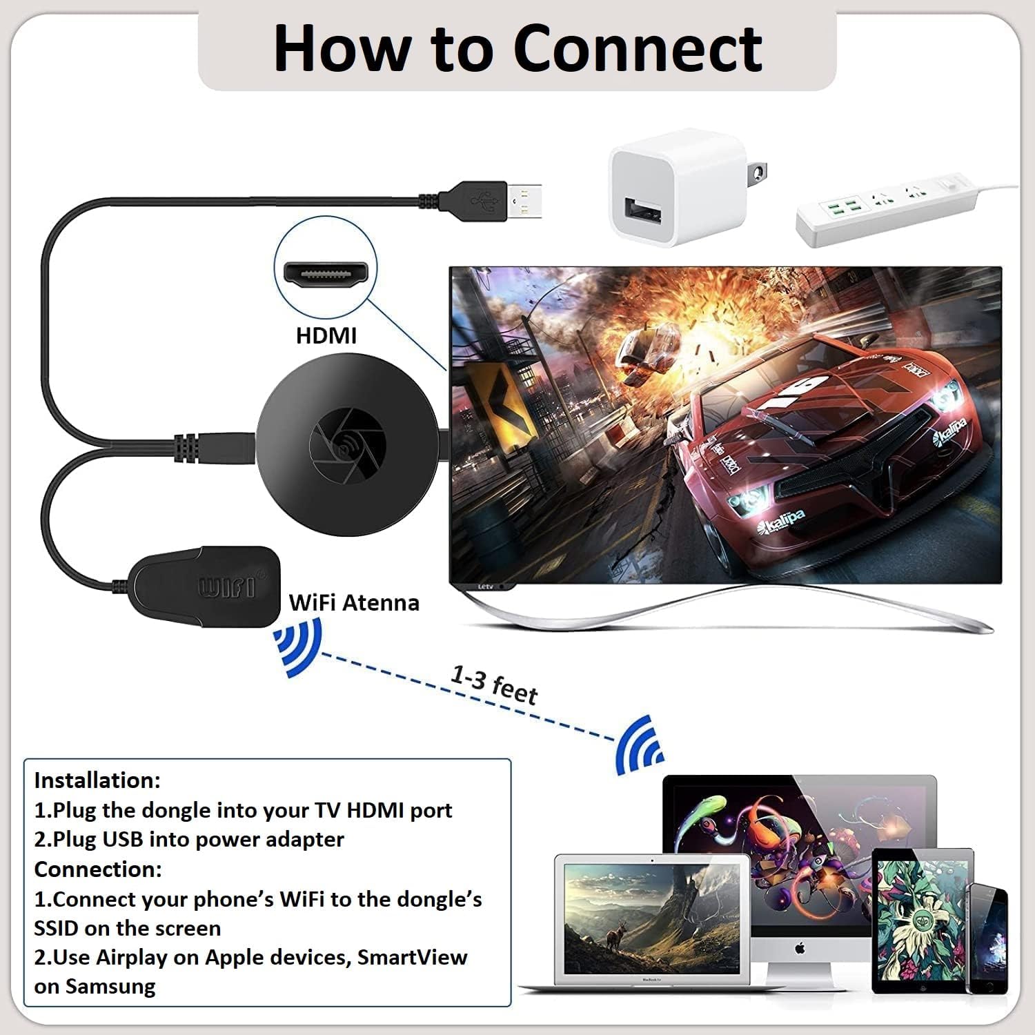 SmartSee Adaptador de pantalla HDMI inalámbrico Pantalla WiFi Cast Mirroring Media Streaming Dongle Receptor para teléfonoPCtableta a pantalla HD