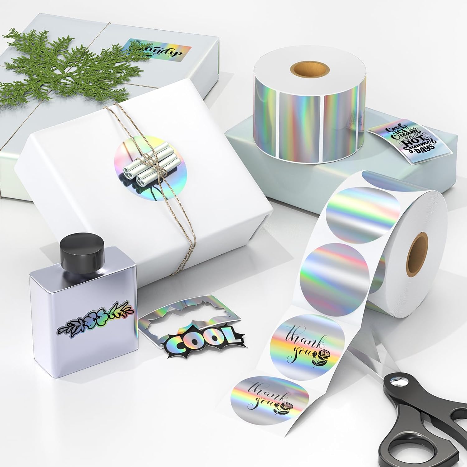 MUNBYN Etiquetas adhesivas térmicas holográficas circulares de 2 pulgadas, etiquetas adhesivas redondas imprimibles para impresora térmica con
