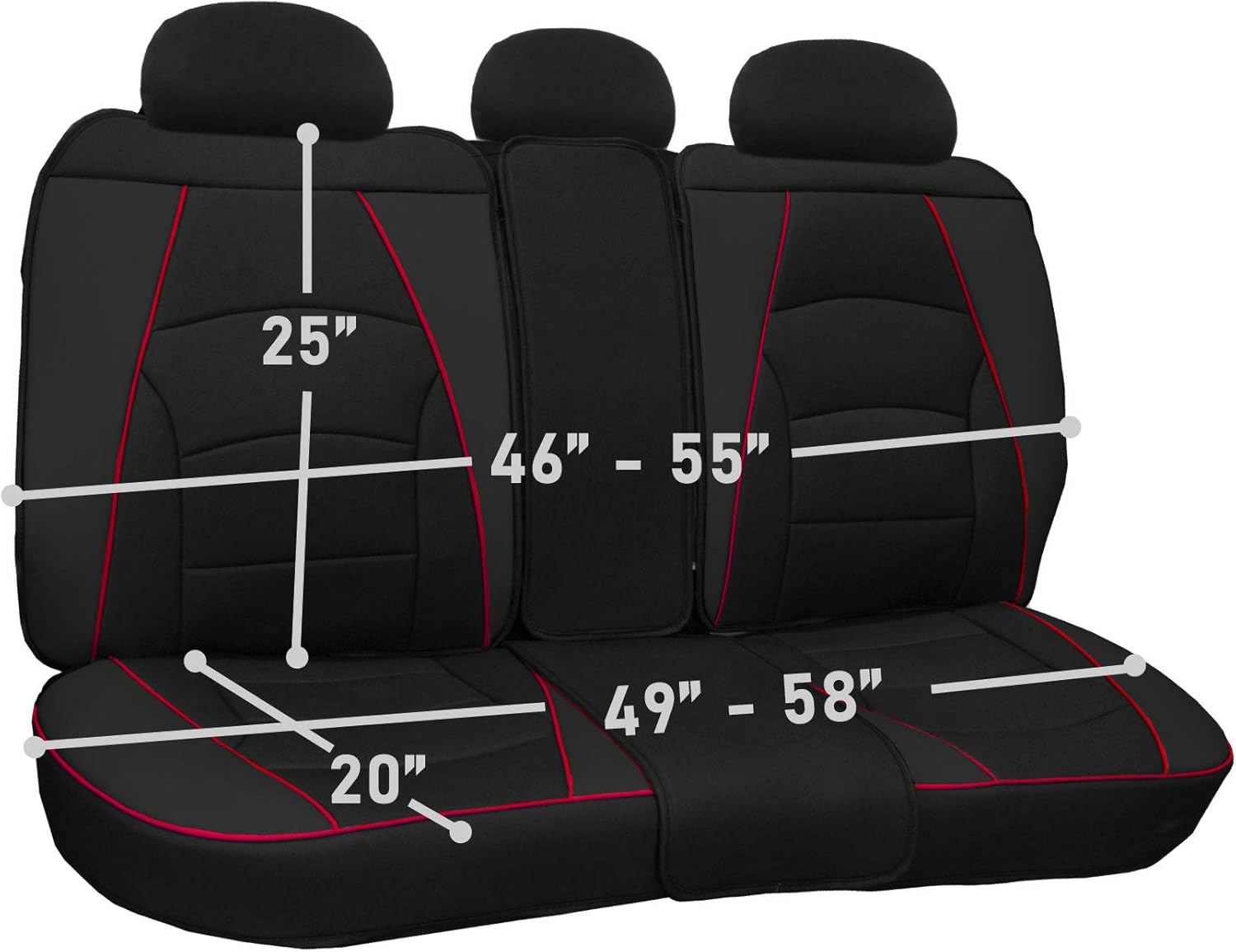 FH Group Funda de asiento de automóvil para asiento trasero dividido, piel sintética negra y ribete rojo, ajuste universal, cojines de asiento y