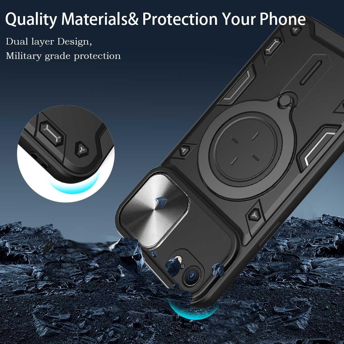 Funda para iPhone SE 2020 2022iPhone 8iPhone 7, soporte de anillo de metal, protector de lente, protección completa, a prueba de golpes, cubierta