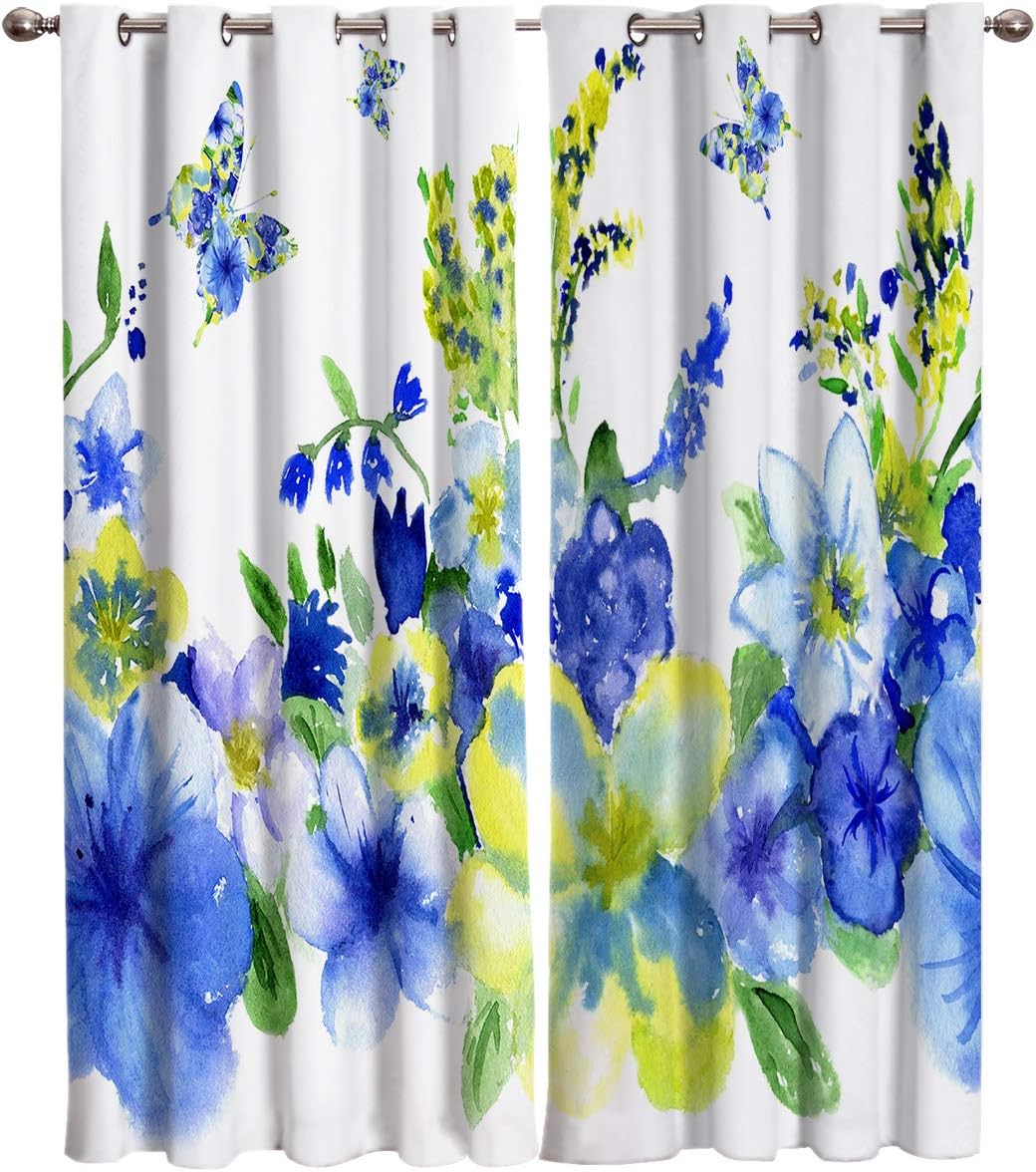 Blackout Curtains Thermal Insulated Watercolor Flower Solid Pattern Metal Grommet Elegant Room Drapes Window Curtain for Bedroom Living Room 52×84