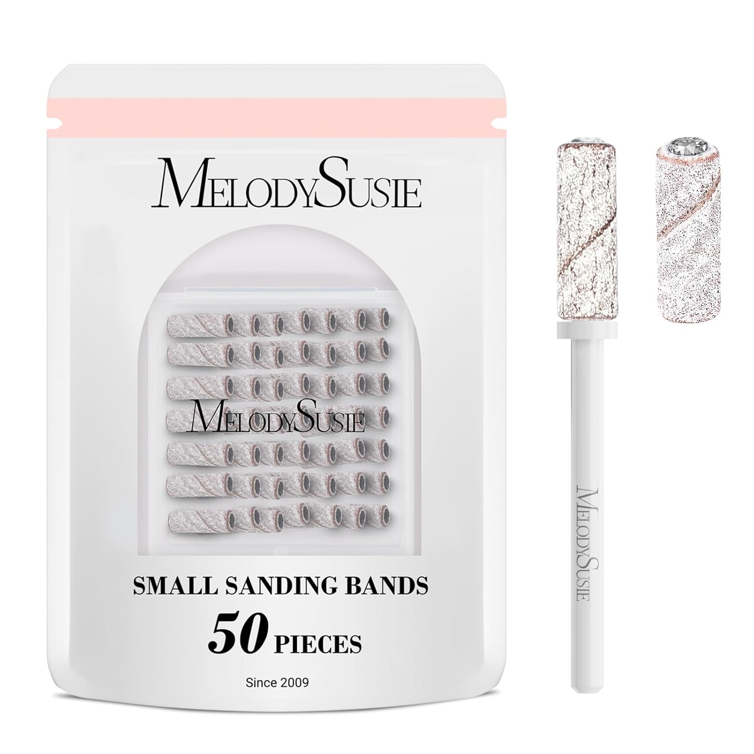 MelodySusie 50 brocas de uñas pequeñas bandas de lijado con broca de mandril de 0.122 in, lima de uñas de grano fino extremo para uñas acrílicas,