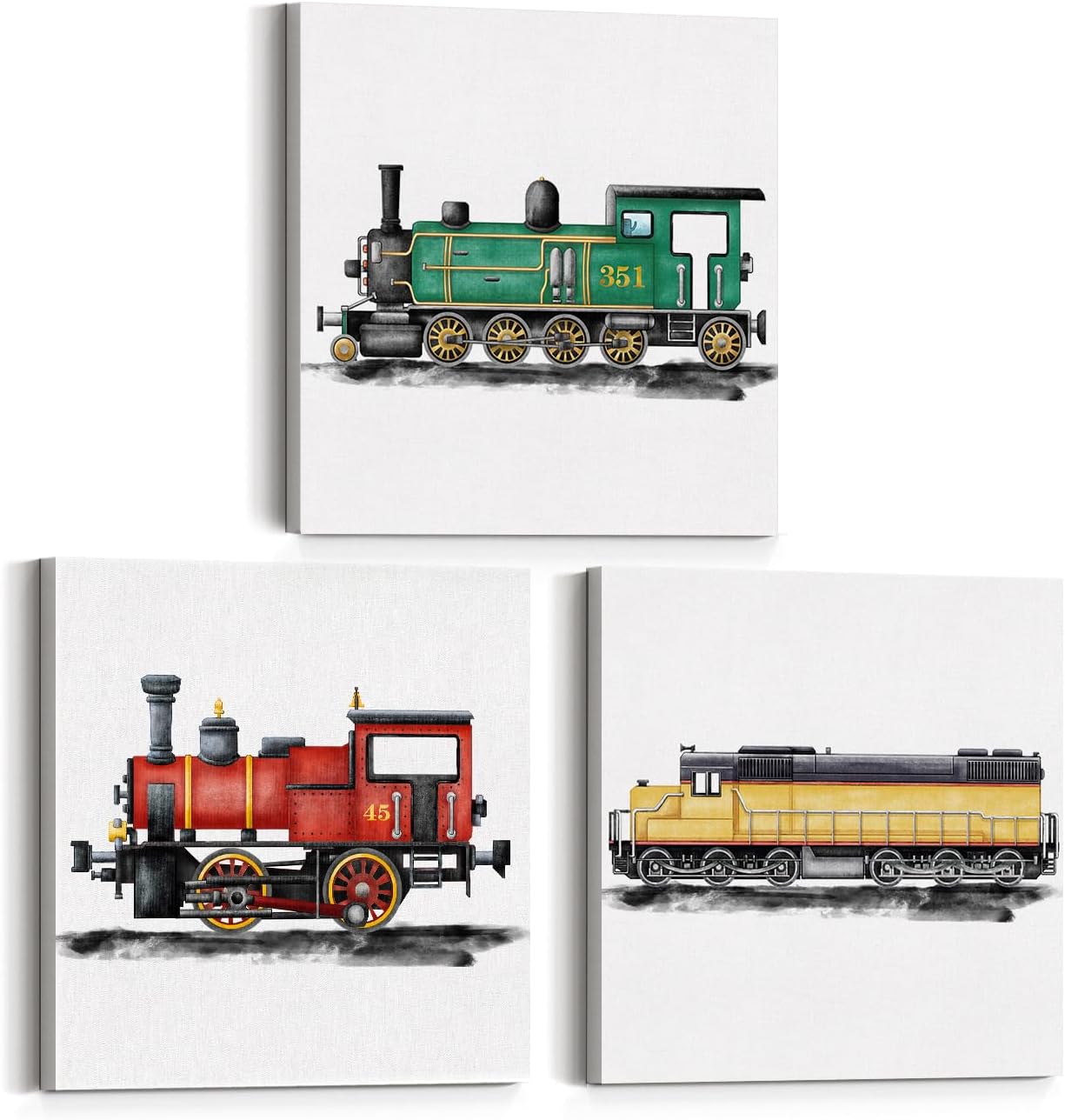 Juego de 3 lienzos artísticos de tren de vapor para cuarto de bebé, arte de pared, pinturas enmarcadas, impresiones de acuarela, locomotora de