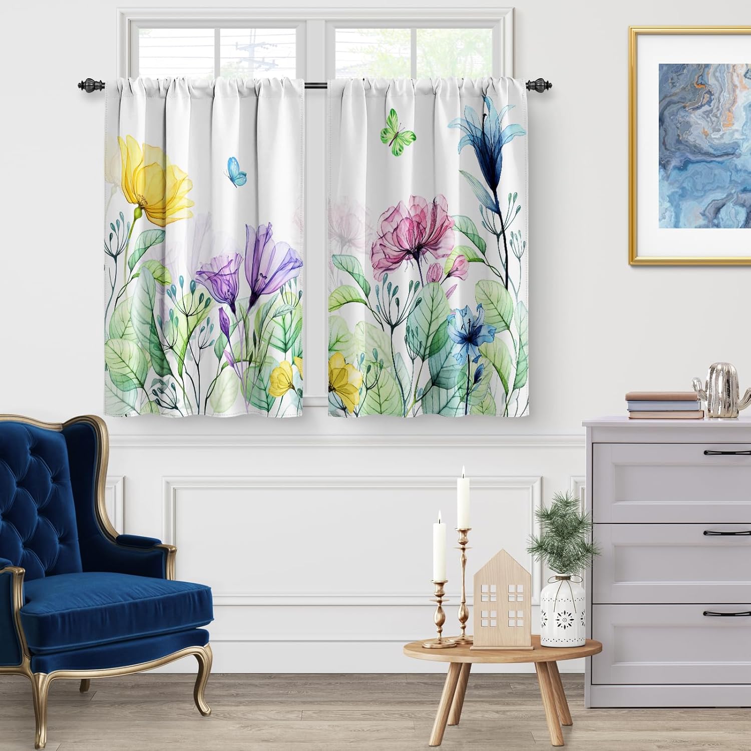 Jekeno Cortinas de cocina florales de acuarela flores y hojas de mariposa botánicas cortas para cafetería, decoración para sala de estar, cortinas