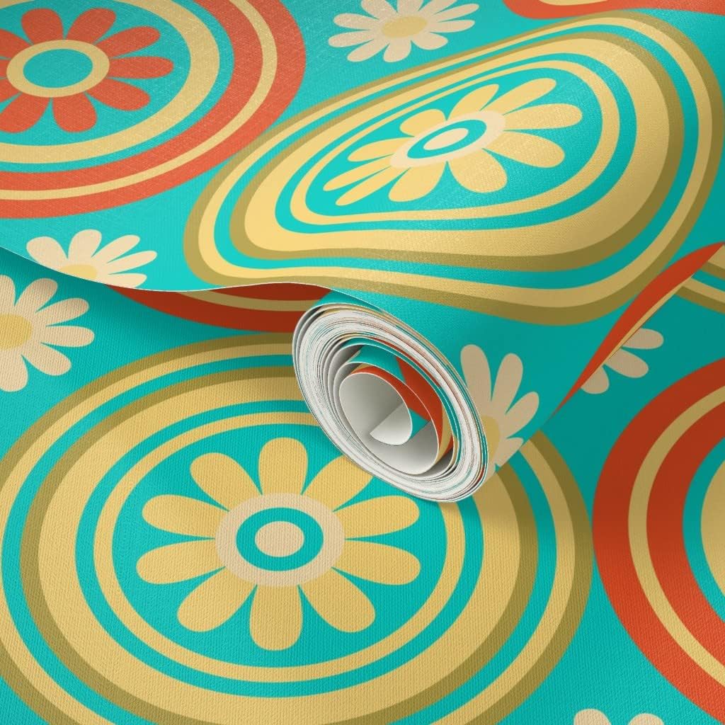 Spoonflower Peel & Stick Wallpaper 3ft x 2ft – Retro Floral Tile Circles Mid Century Midcentury Modern Turquoise Orange Yellow Vintage Geometric