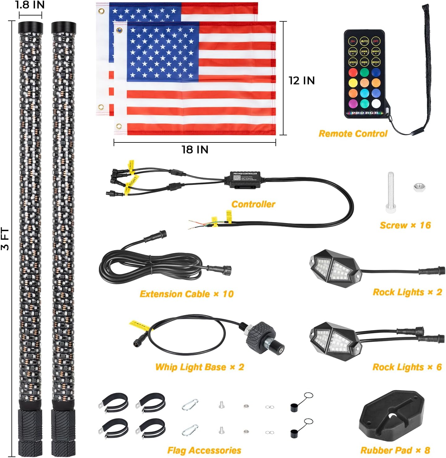 Kit de 2 luces de látigo gordo de 2 pies y 8 cápsulas RGB de luces de roca con Bluetooth y control remoto en espiral de 360  con antena iluminada LED