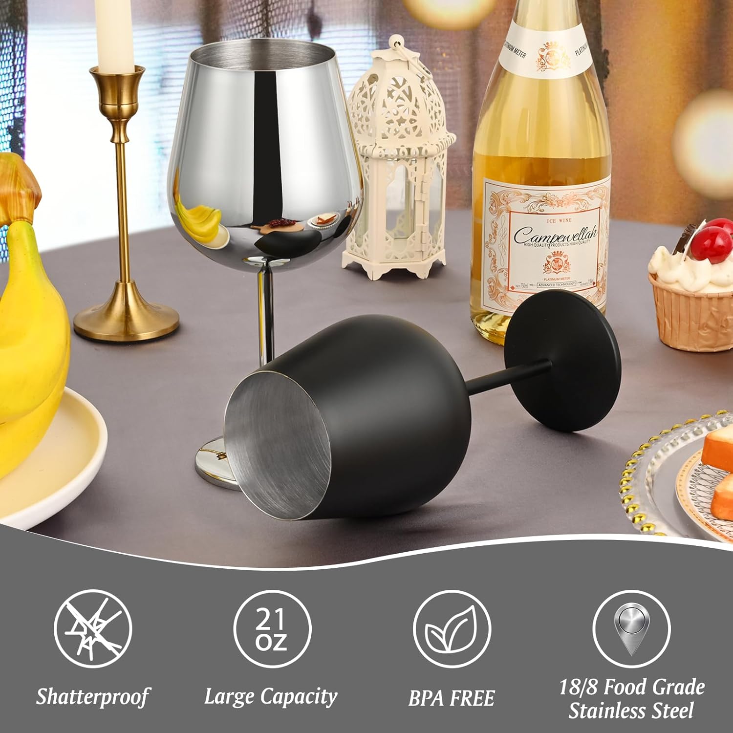 Juego de 4 copas de vino de acero inoxidable, copas de vino de metal de 21 onzas con decantador y tapón, copa de vino de acero inoxidable con tallo