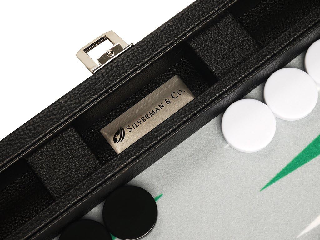 Silverman & Co. Juego de Backgammon Premium de 13 pulgadas, tamaño de viaje, tablero negro, puntos blancos y verdes