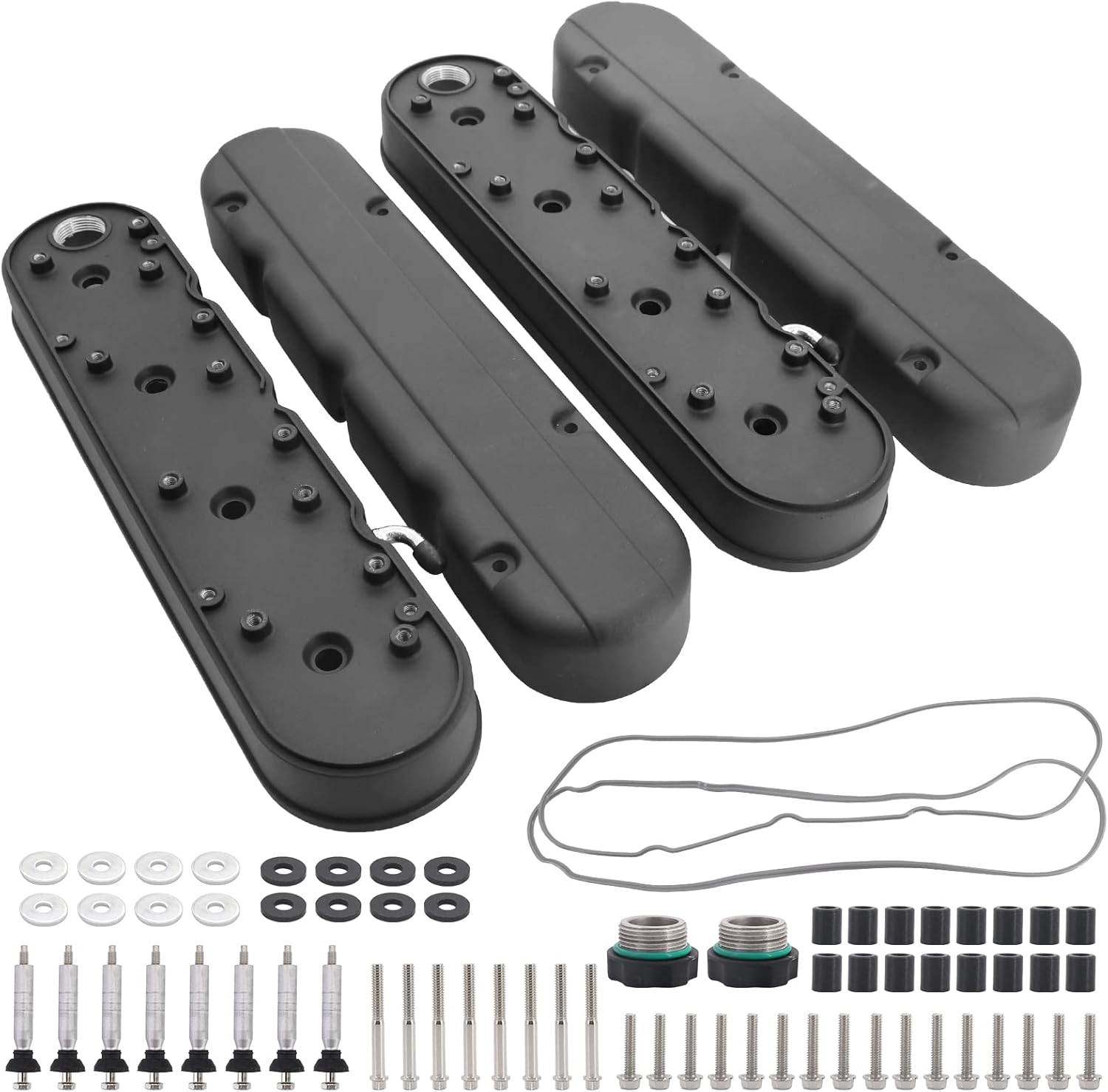 LS – Cubiertas de válvula de aluminio fundido liso con soportes de bobina y cubiertas compatibles con Che-vy Small Block SB V8 293 325 376 427, negro