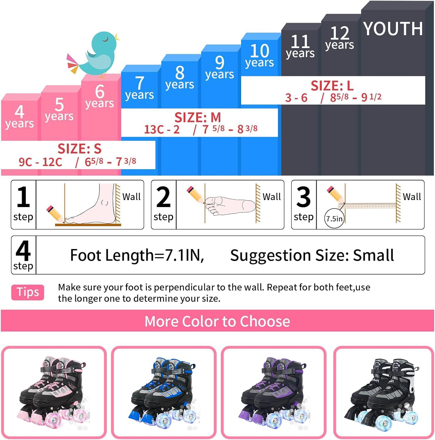Nattork Patines de ruedas para niños y niñas, 4 tamaños ajustables con ruedas iluminadas para niños principiantes para interiores y exteriores