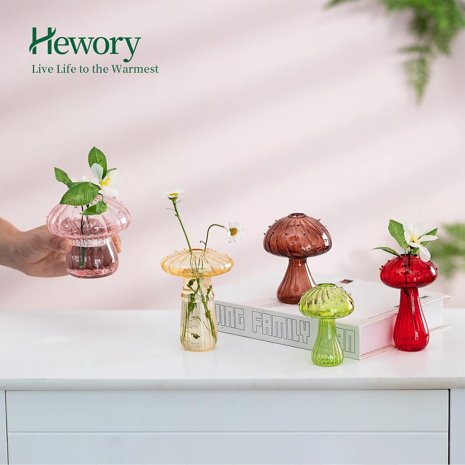 Hewory Jarrón de cristal con forma de hongo para flores, 10 jarrones de flores pequeños de colores únicos, floreros hidropónicos de propagación de
