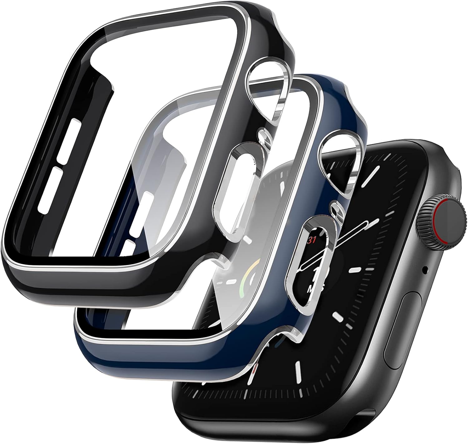 Lovrug Paquete de 2 carcasas compatibles con Apple Watch de 1.57 pulgadas SESeries 654 protector de pantalla de vidrio templado integrado,