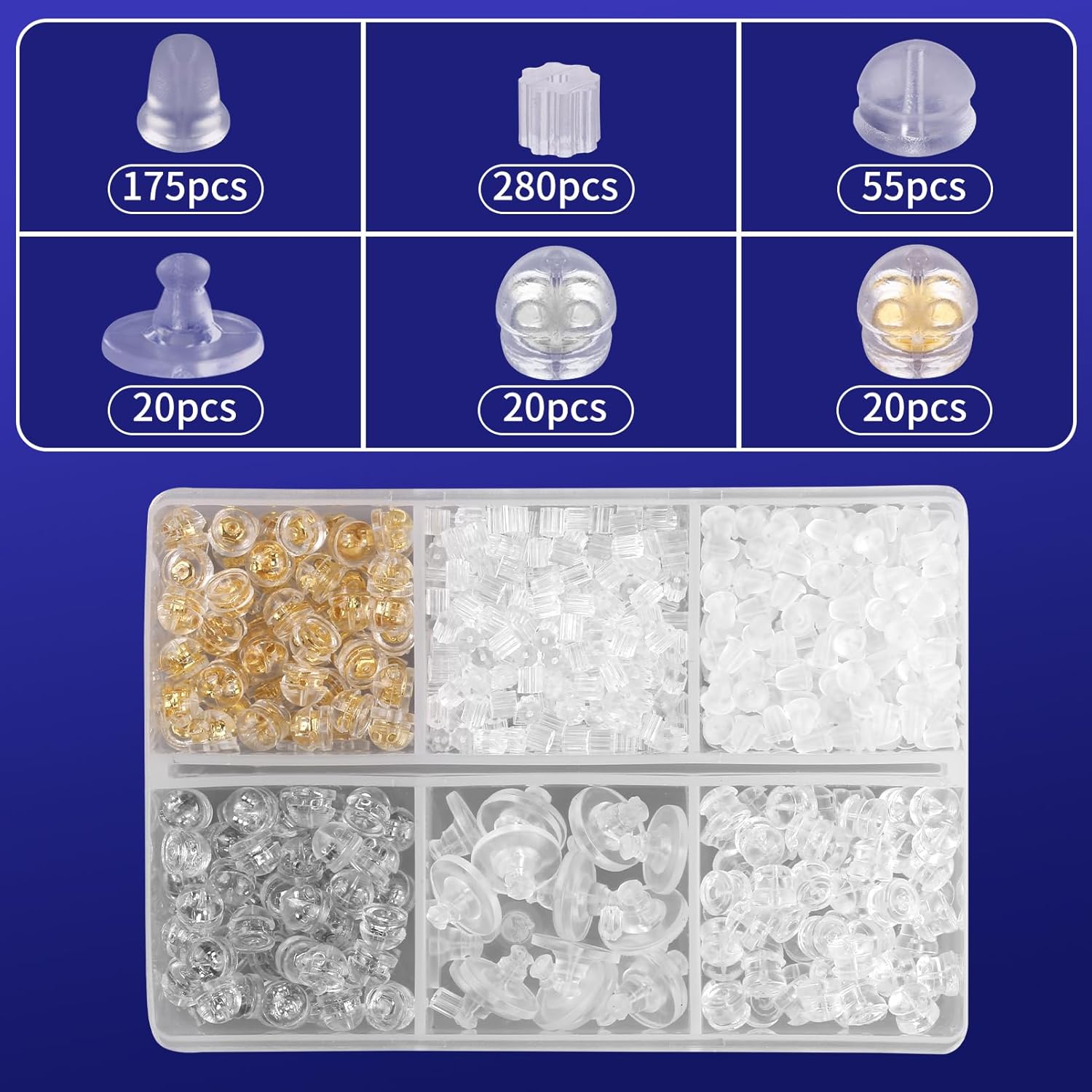 570 piezas de aretes de goma para tachuelas, parte trasera de silicona hipoalergénica de plástico transparente para aretes, tapones de embrague de