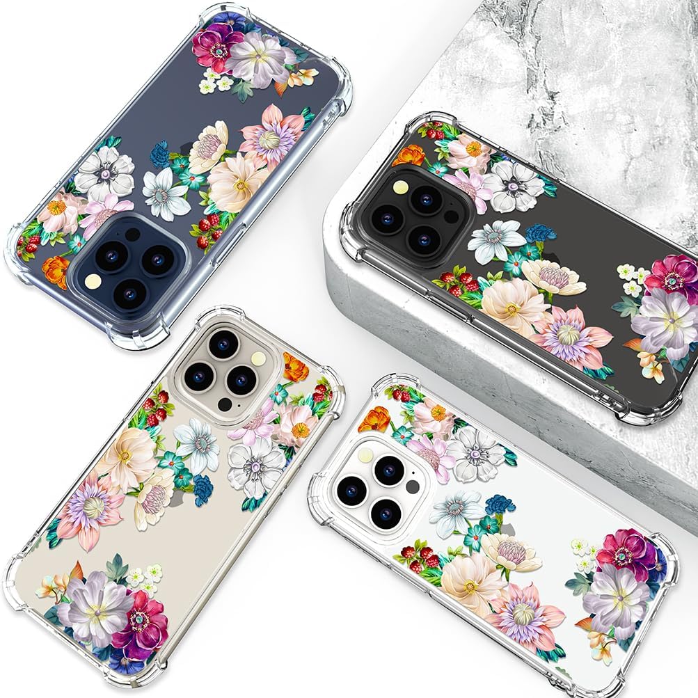 Funda para iPhone 15 Pro con diseño floral, bonita funda transparente con diseño, femenino para mujeres y niñas, funda transparente floral