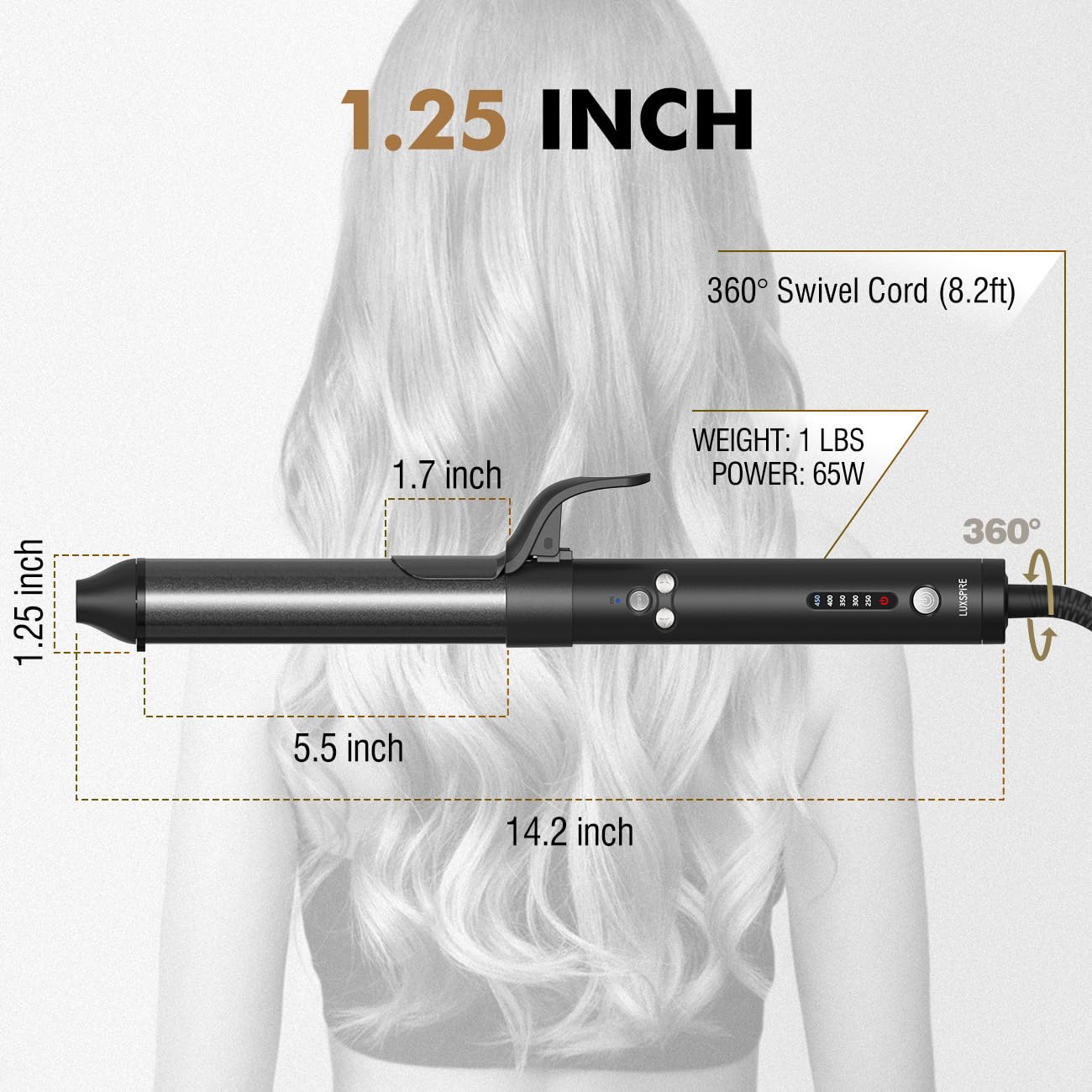Luxspire Rizador giratorio, rizador automático de 1 14 pulgadas, rizador iónico de calor instantáneo con barril largo de titanio para cabello