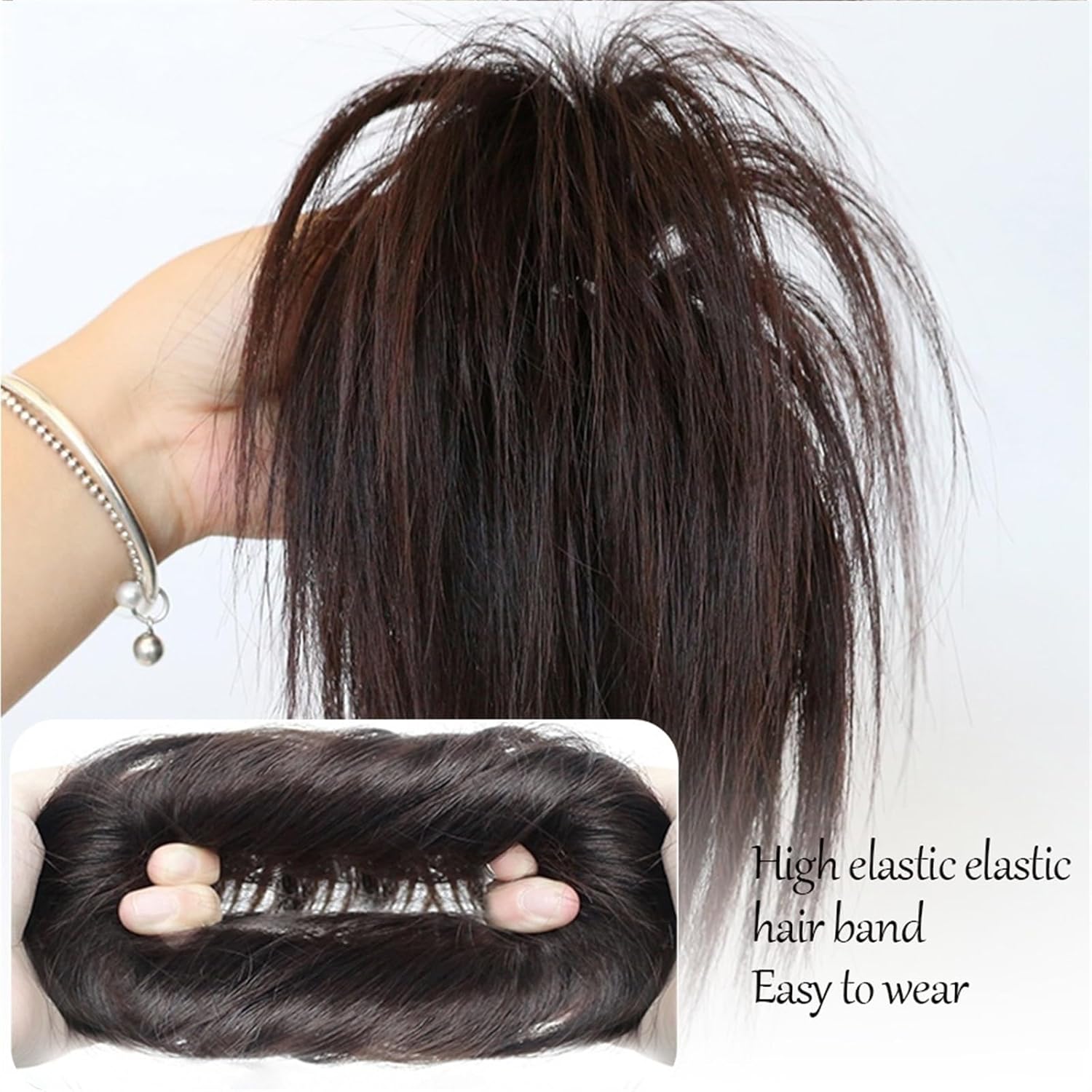 Extensiones de cabello sintético para mujer, con banda elástica para moño, esponjoso, liso, con banda elástica, moño para mujer, color negro natural