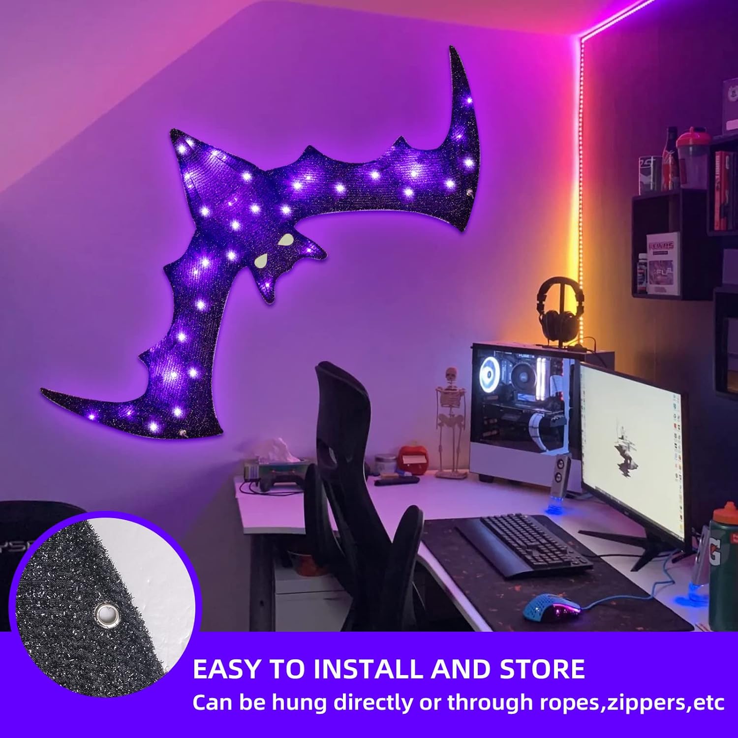 EAMBRITE Luces de ventana de Halloween de 4 pies, luz de murciélago gigante con 30 luces moradas, impermeable, silueta de ventana, decoración de luz