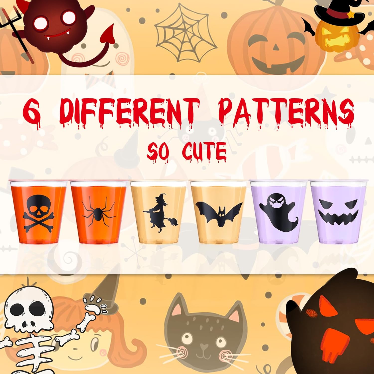 Mumufy 120 vasos de chupito de plástico de Halloween de 1.69 onzas desechables para fiestas, vasos de calabaza y fantasmas, muestra clara, tazas
