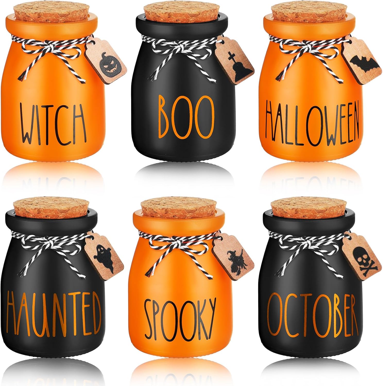 Juego de 6 mini tarros de albañil de Halloween para decoración de bandeja escalonada de Halloween, murciélagos fantasmas, calabaza, pequeños frascos