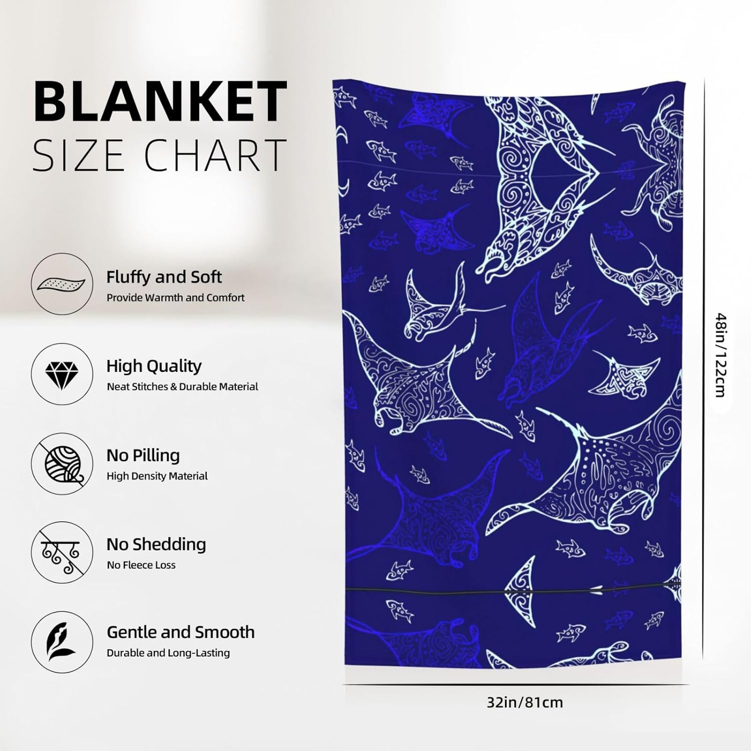 Manta de franela acogedora, suave, libre de alergias y duradera, perfecta para el hogar, campamento y regalar manta raya y peces