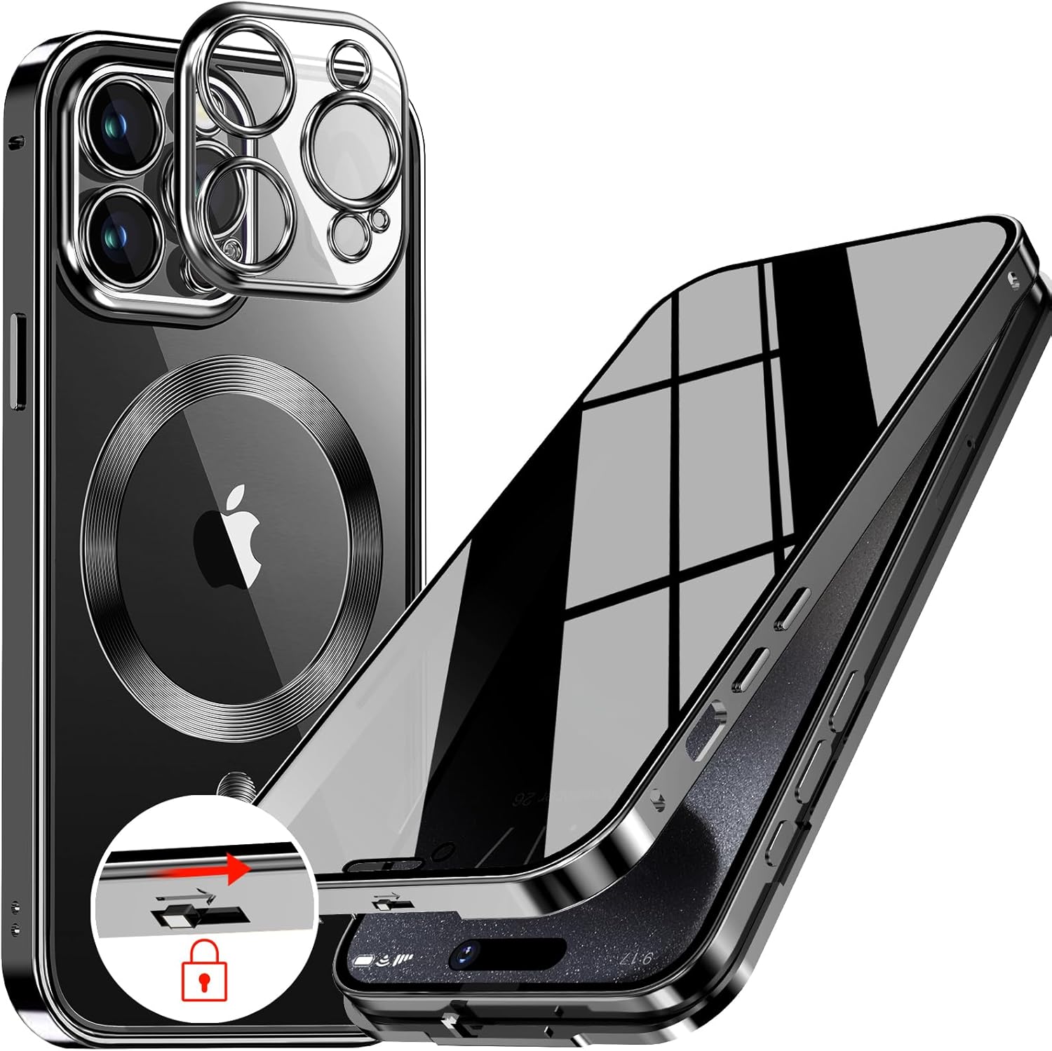 Funda magnética de privacidad para iPhone 15 Pro Max con anillo de metal CD y bloqueo desplegable automático compatible con MagSafe protección de