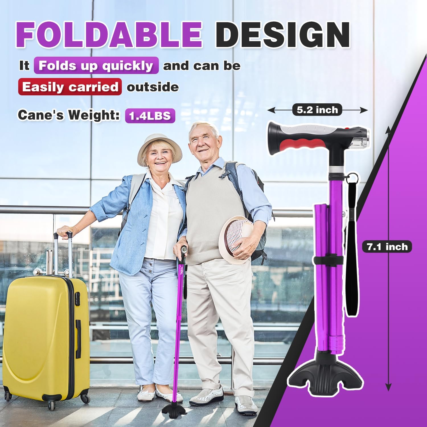 BigAlex Bastón plegable con dos luces LED para ancianos, base sólida, bastón ajustable con bolsa de transporte para hombres y mujeres