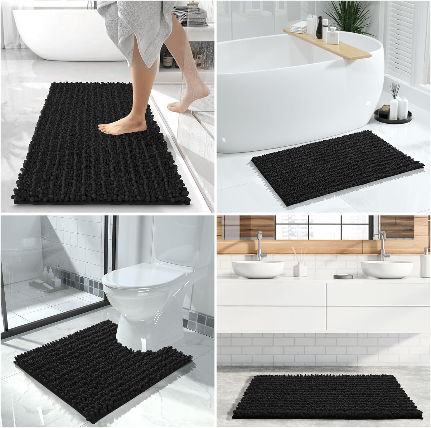 Yimobra Juego de 2 alfombras de baño de chenilla, 32 x 20 + 24 x 20 pulgadas, tapete suave en forma de U y esponjoso, tapete de ducha antideslizante