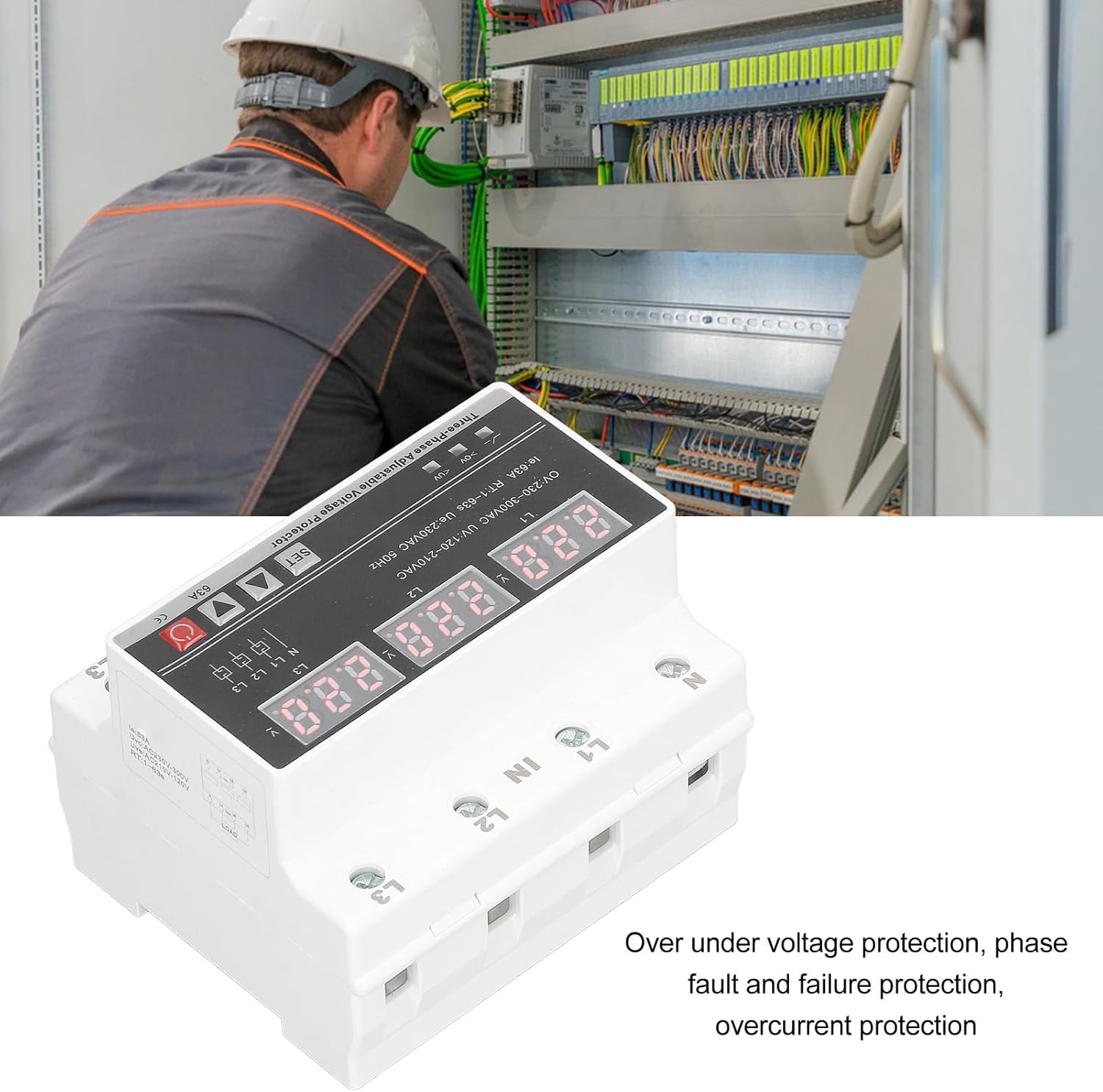 Protector de corriente CA AC120V a 300V 63A Protectores ajustables trifásicos sobre bajo voltaje Dispositivo de protección de corriente DIN Montaje