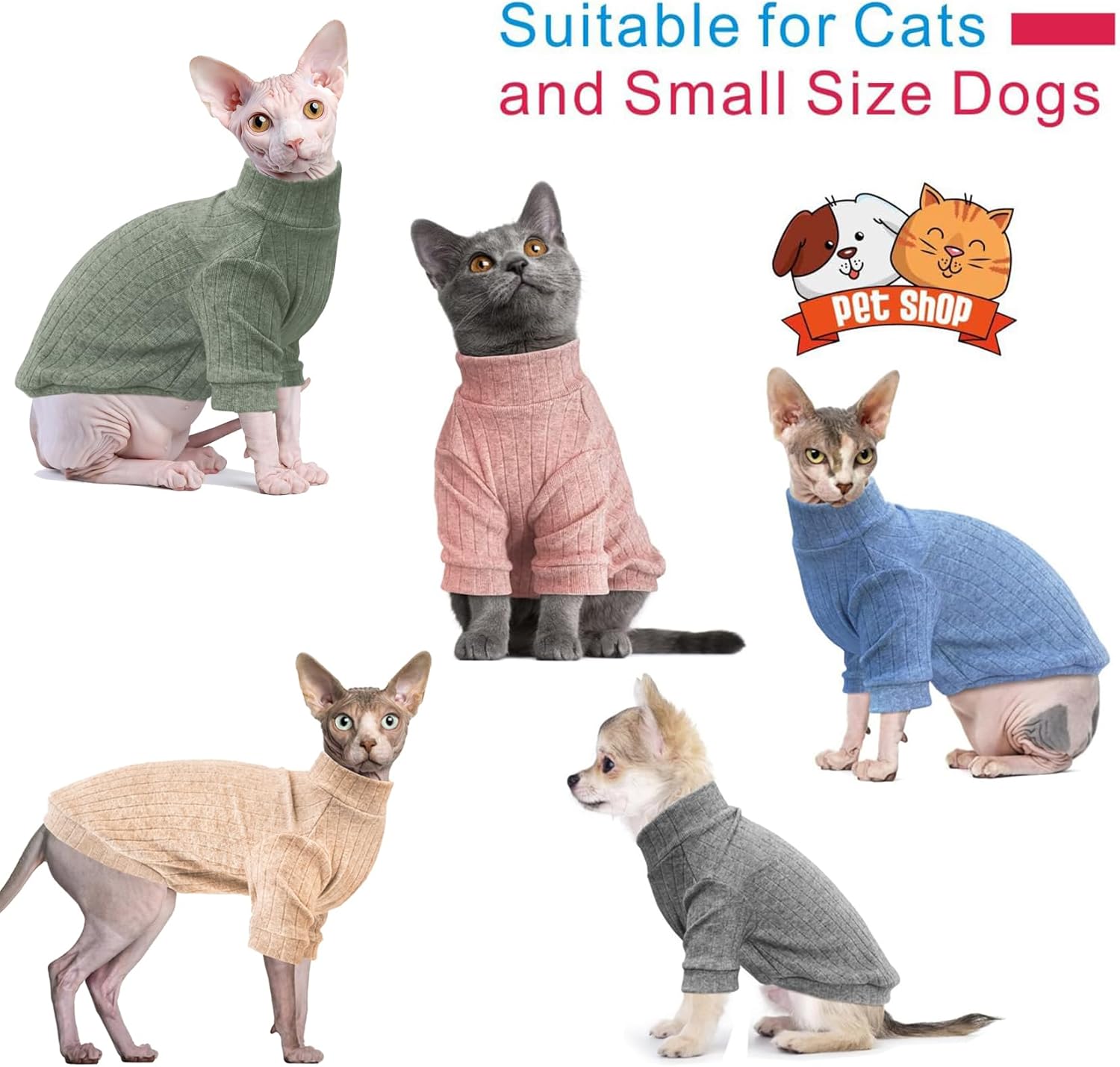 Idepet Sphynx Suéter de gatos sin pelo, ropa suave para cachorros, lindo pijama de gato, ropa de algodón para mascotas, cuello alto de invierno para