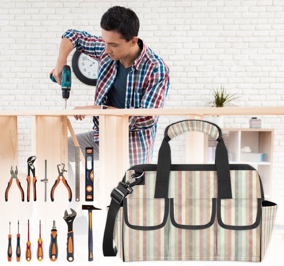 Retro Stripe Pastel Wide Mouth Tool Bags for Men and Women 14 Pockets Tool Tote Bag Pouch Heavy Duty Tool Organizer Bag with Adjustable Strape for