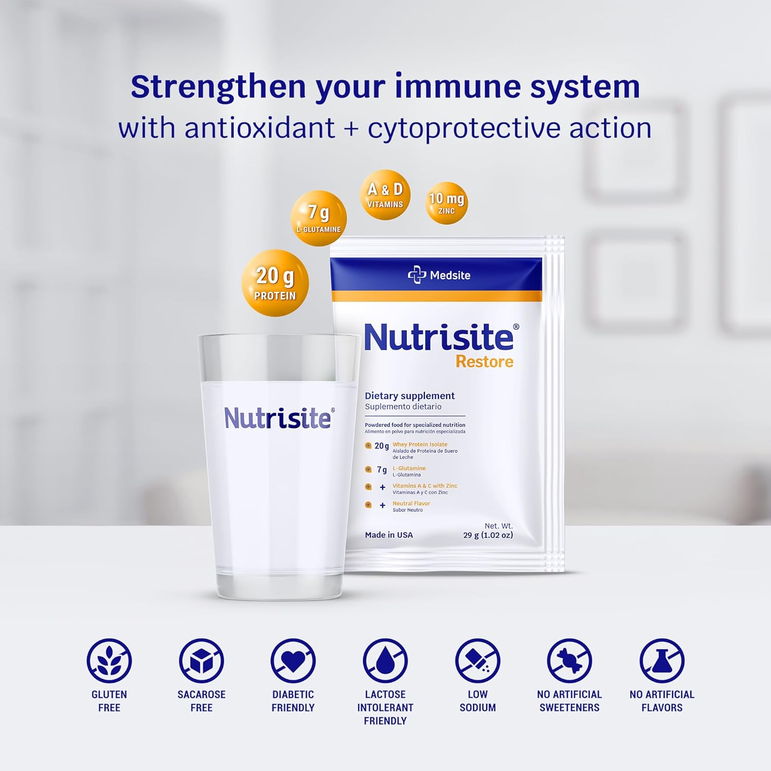 Nutrisite Restore Polvo para Apoyo a la Curación de Heridas, Incluye Proteína Aislada de Suero, L-Glutamina, Vitaminas A, C y Zinc  Sin Gluten ni